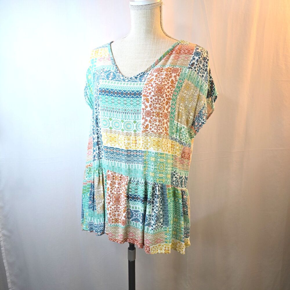 Haptics By Holly Harper Womens Sz L Peplum Blouse Multicolor Patchwork Print USA